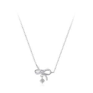 Elegant S925 sterling silver bow necklace featuring sparkling clear zircon pendants