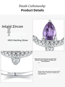 Détails de la bague en argent S925 avec zircon violet en goutte et poinçon S925 gravé