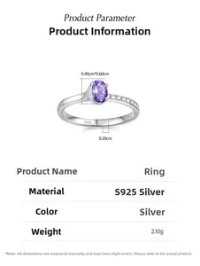 Macro shot of S925 silver ring featuring a 0.4x0.6cm purple oval zircon and logo hallmark