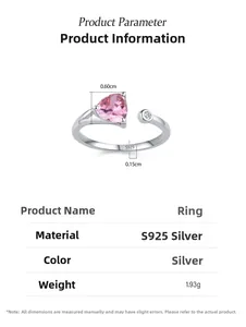 Detailed specs of S925 silver ring with pink triangle zircon and dimensions