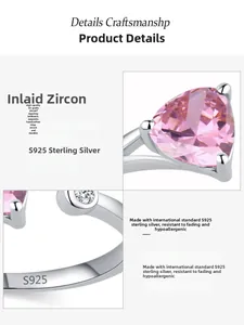 Macro detail of S925 sterling silver stamp and 5A pink heart-shaped zircon inlay