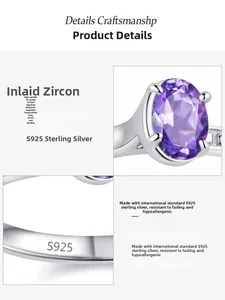 Macro detail of S925 sterling silver hallmark and purple oval cubic zirconia setting