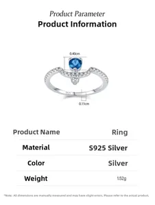 Macro shot of V-shaped S925 sterling silver ring with blue zircon and size specs