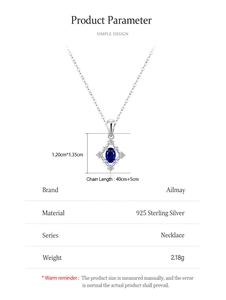 Vue détaillée du pendentif saphir en argent S925 montrant les dimensions et spécifications