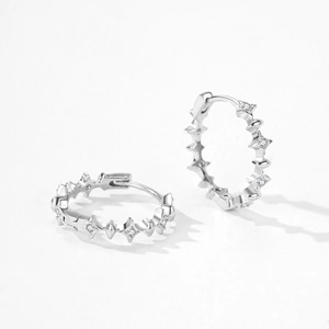 Elegant S925 sterling silver hoop earrings with sparkling four-pointed star pavé design
