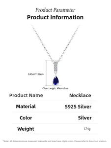 Specifiche del ciondolo a goccia blu in argento S925 con dettagli su misure e catena