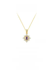 Detail of gold necklace pendant with purple rectangular crystal and micro-pave white stones