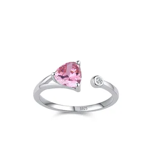 925 Sterling Silver Pink Triangle Zirconia Open Ring For Women Adjustable Minimalist Sweet Romantic Jewelry Geometric Finger Ring