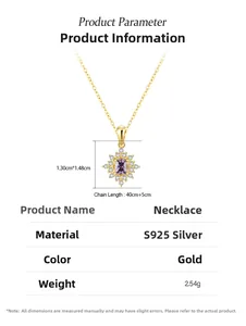 Detailed S925 silver necklace dimensions and luxury purple sunflower pendant specs