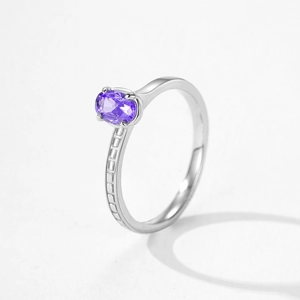 Elegant S925 silver ring with oval purple gemstone and textured grooved band detail