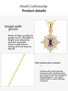 Macro detail of S925 silver sunflower pendant with purple zircon and gold O-chain