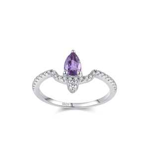 Bague élégante en argent S925 en forme de V avec améthyste poire et zircons