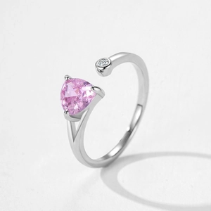 Minimalist S925 sterling silver open ring featuring a pink heart-shaped crystal stone