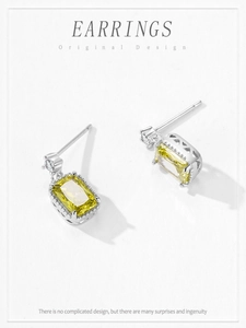 Detail of S925 silver square earrings with yellow zircon stone and small diamonds