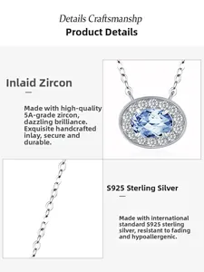 Détail du collier en argent S925 avec zircon bleu clair ovale et petits diamants fins