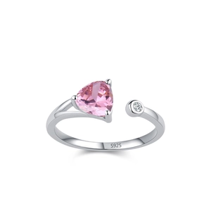 S925 sterling silver open ring with pink triangle gem and small round diamond accent
