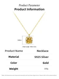 Detail view of gold-plated S925 silver necklace with 0.8cm yellow rose cut crystal
