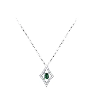 Collier Pendentif Losange en Argent Sterling 925 Zirconia Émeraude Rétro Pour Femmes Bijoux Géométriques de Luxe Léger