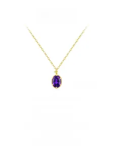 Detail of oval violet crystal pendant in claw setting on 14K gold plated silver chain