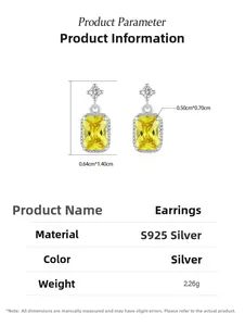 Detailed size specifications of S925 silver earrings with rectangular yellow zircon stone