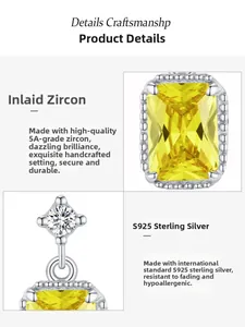 Macro detail of S925 sterling silver earrings with yellow rectangular zircon stones