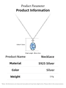 Détail du collier en argent S925 avec pierre bleue et spécifications de dimensions