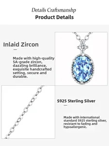 Détail macro du collier en argent S925 avec zircon bleu ovale 5A et sertissage artisanal