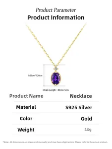 Detail showing S925 sterling silver chain with oval purple crystal pendant measurements