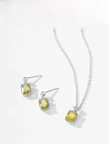 Detailed view of S925 silver jewelry set featuring rectangular yellow zircon gemstones