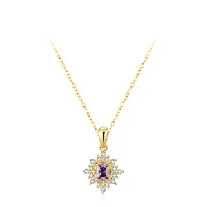 925 Sterling Silver Purple Zirconia Sunflower Pendant Necklace Gold Plated Micro-pave Luxurious Clavicle Chain For Women