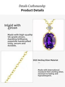 Detail view of oval purple zircon pendant set in S925 silver with 14K gold plating