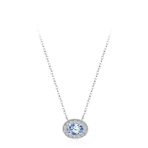 Collier Pendentif en Argent Sterling 925 Zirconia Ovale Bleu Glacé pour Femme Élégant Design Halo Chaîne de Clavicule Bijoux Cadeau