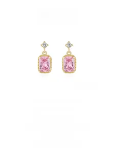 Close-up of S925 silver stud earrings with pink rectangular zircon and gold beaded edges