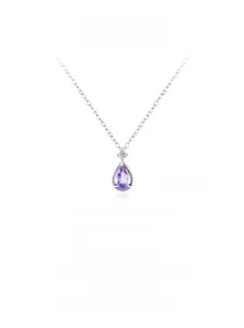 Macro detail of teardrop light purple crystal pendant on an elegant S925 silver chain