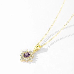 Luxury gold sunflower necklace with purple crystal pendant and sparkling cubic zirconia