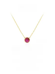 Detailed view of S925 sterling silver necklace with round red zircon and 14K gold plating