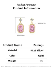 Macro detail of S925 silver pink crystal earrings with size and weight parameters