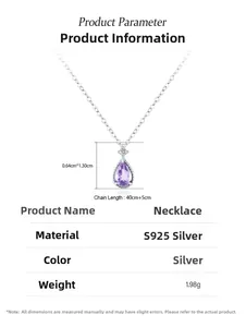 Detailed view of the S925 sterling silver pear-cut purple crystal pendant with dimensions