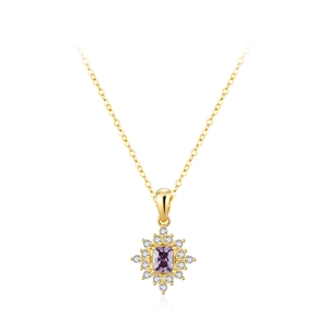 Luxurious S925 sterling silver necklace with a sunburst purple crystal pendant
