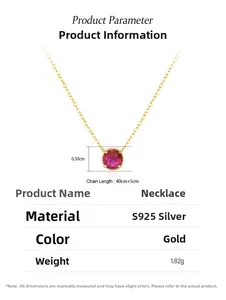 Detail of S925 silver necklace showing 5mm red zircon pendant and 40+5cm chain specs