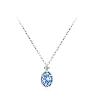 Collier en Argent Sterling S925 Zirconia Bleu Cœur de l'Océan pour Femme Pendentif Ovale Géométrique Bijoux Cadeau