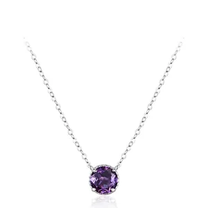 925 Sterlingsilber Minimalistisch Rund Anhänger Halskette Mit Lila Zirkonia Mode Schlüsselbein Kette Für Damen Schmuck Geschenk