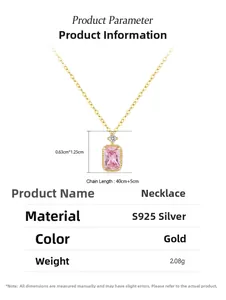 Spécifications détaillées du collier en argent S925 avec dimensions du pendentif rose