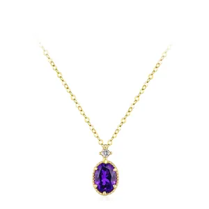 925 Sterling Silver Purple Zirconia Oval Pendant Necklace For Women Light Luxury Gold Plated Violet Crystal Elegant Clavicle Chain Jewelry