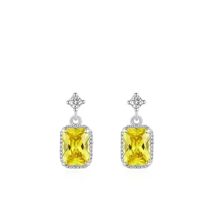 925 Sterling Silver Yellow Zirconia Square Drop Earrings Retro Luxury Rectangular Gemstone Earrings For Women Jewelry Gift