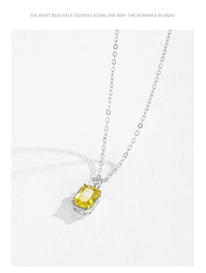 Detailed close-up of S925 silver necklace featuring a yellow rectangle zircon pendant