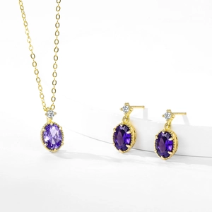 Ensemble collier et boucles d'oreilles en argent S925 plaqué or 14K avec cristaux violets ovales
