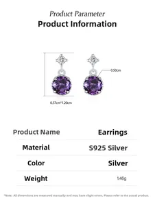 Detailed macro view of S925 sterling silver earrings with purple zircon in claw setting