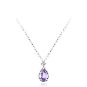 925 Sterling Silver Purple Water Drop Zirconia Pendant Necklace For Women Elegant Minimalist Clavicle Chain Jewelry
