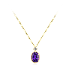 Elegant S925 silver 14K gold plated necklace with oval purple amethyst pendant